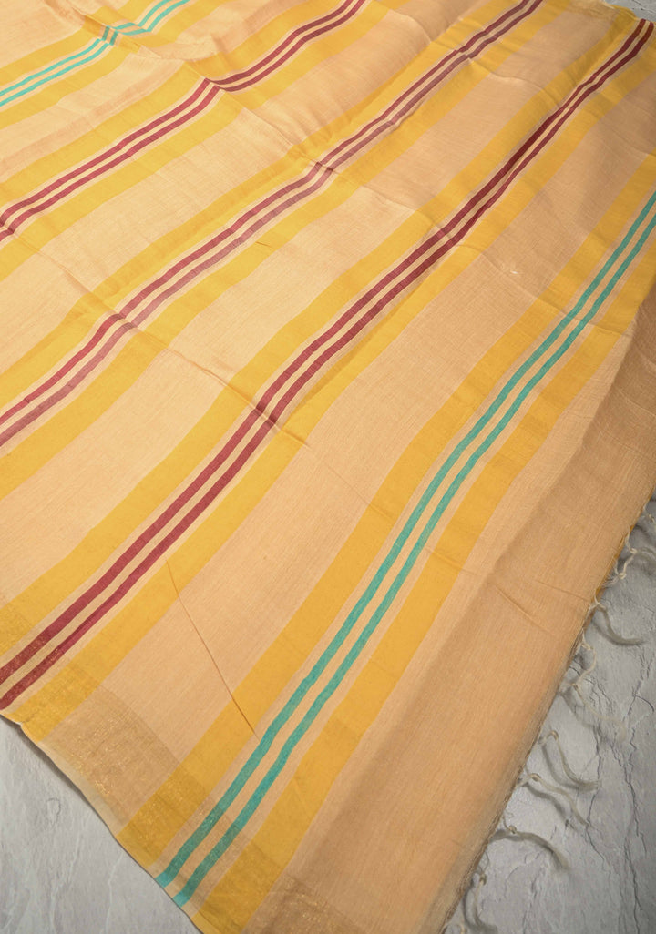 Beige Ahimsa Silk Saree with Muted Zari Border and Long Tassels | SILK MARK CERTIFIED | SHOBITAM
