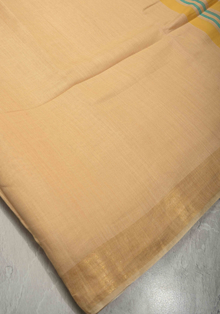 Beige Ahimsa Silk Saree with Muted Zari Border and Long Tassels | SILK MARK CERTIFIED | SHOBITAM