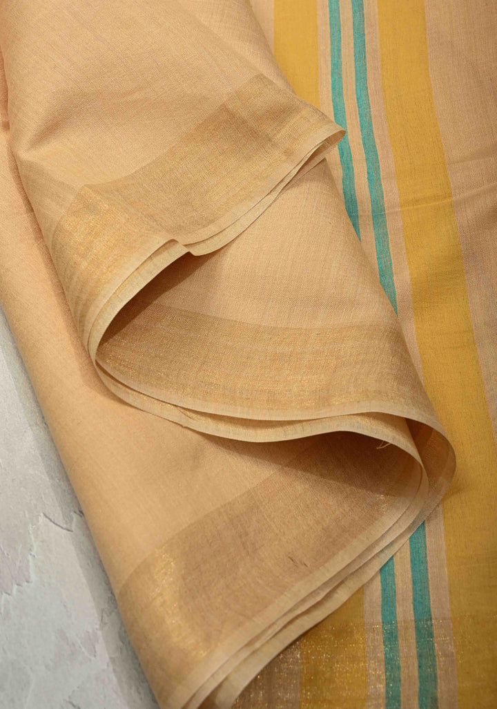 Beige Ahimsa Silk Saree with Muted Zari Border and Long Tassels | SILK MARK CERTIFIED | SHOBITAM