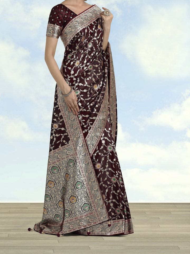 Maroon Zari Woven Banarasi Satin Silk Saree | SHOBITAM