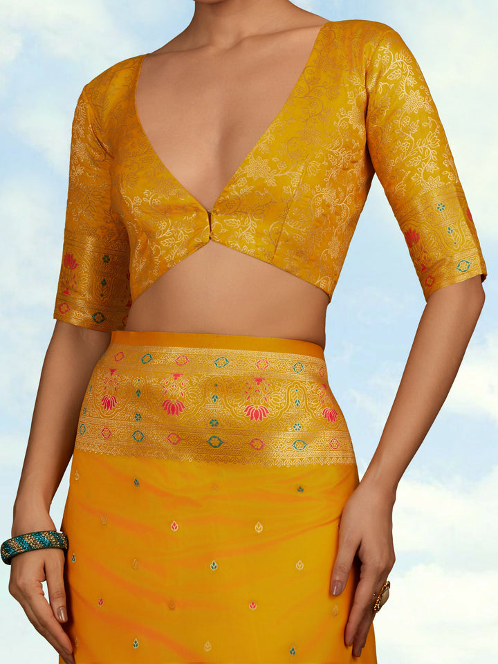 Yellow Banarasi Silk Blend Saree Comes with Unstitched blouse piece | SHOBITAM