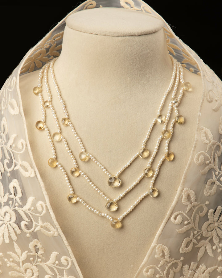 Kanak Lehar – Citrine & Pearl 3 Layer Mala | SHOBITAM