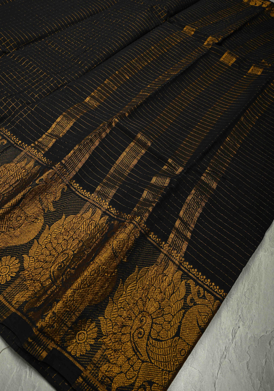 Vidya Balan Special - Black and Gold Madurai Cotton Saree with Zari Checks and Extra Wide Border