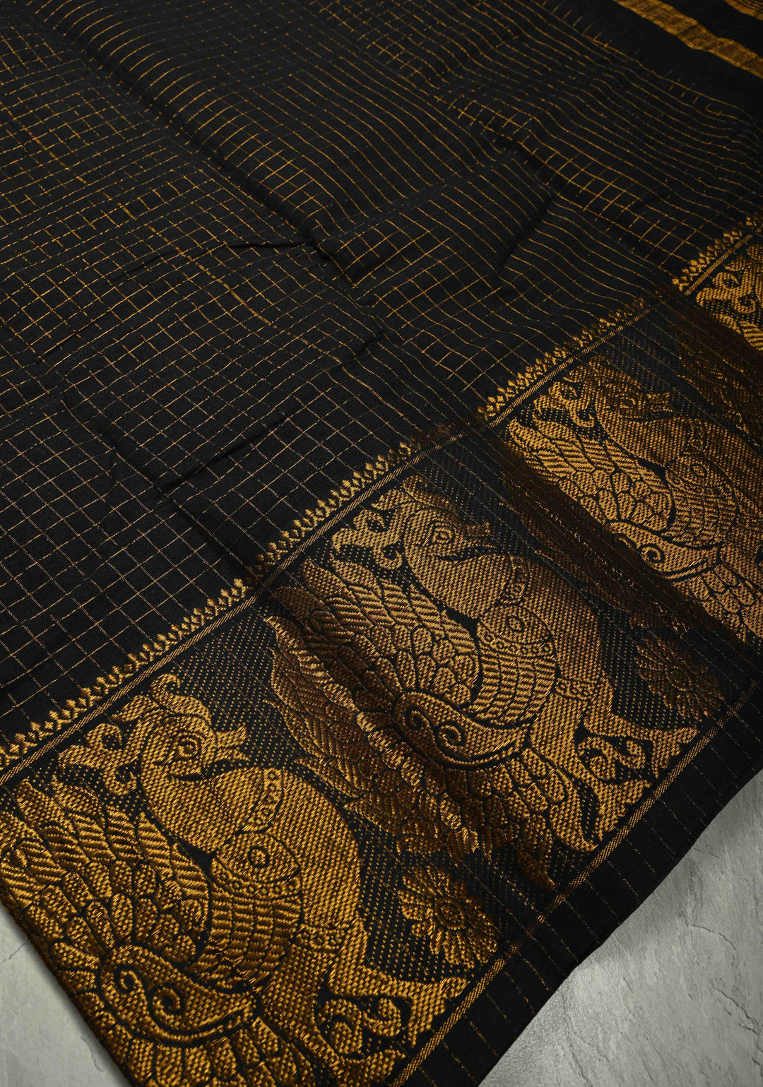 Black Madurai Cotton Saree with Zari Stripes and Wide Zari Border ,No Blouse Piece