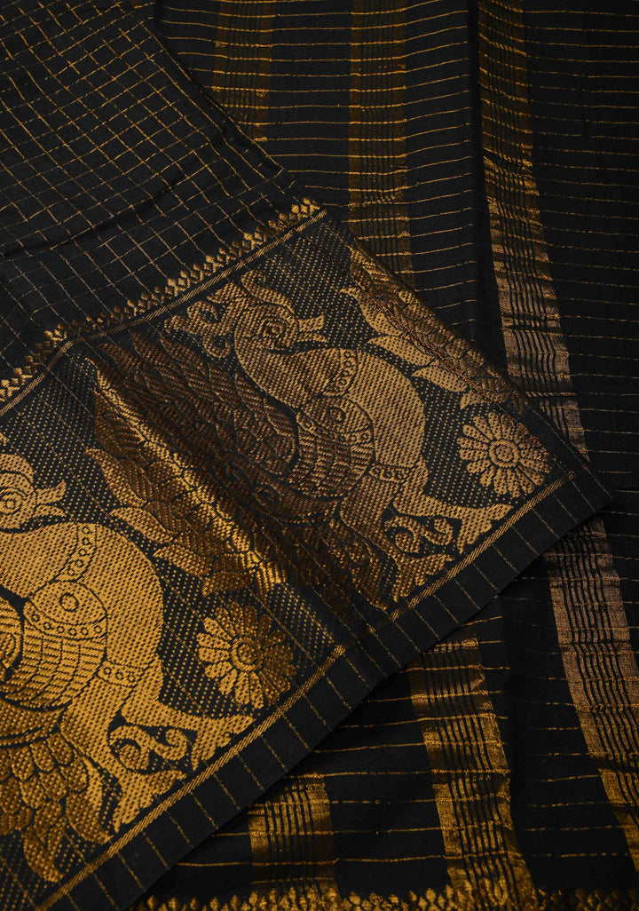 Vidya Balan Special - Black and Gold Madurai Cotton Saree with Zari Checks and Extra Wide Border