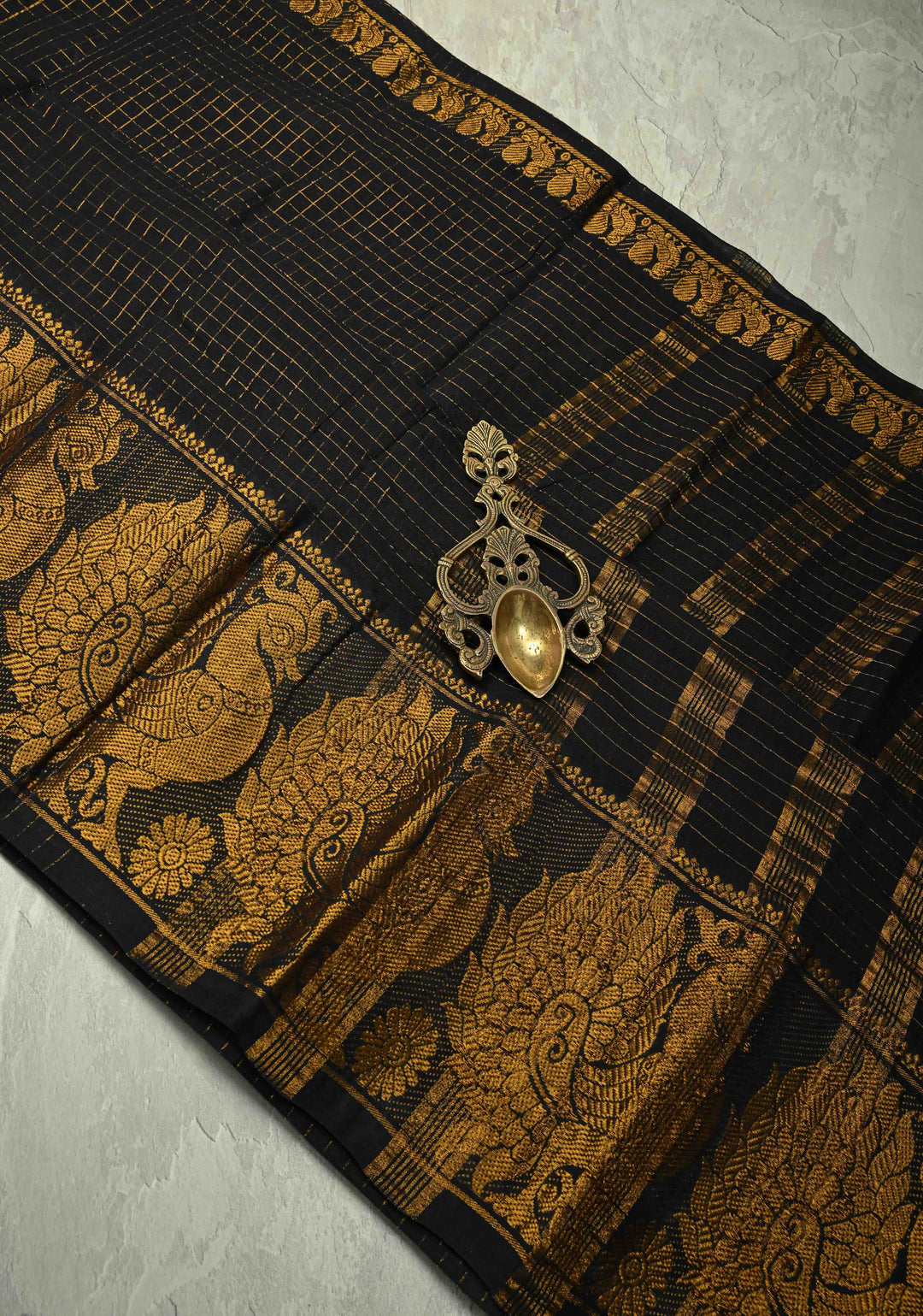 Black Madurai Cotton Saree with Zari Stripes and Wide Zari Border ,No Blouse Piece