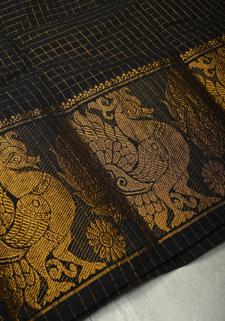 Vidya Balan Special - Black and Gold Madurai Cotton Saree with Zari Checks and Extra Wide Border