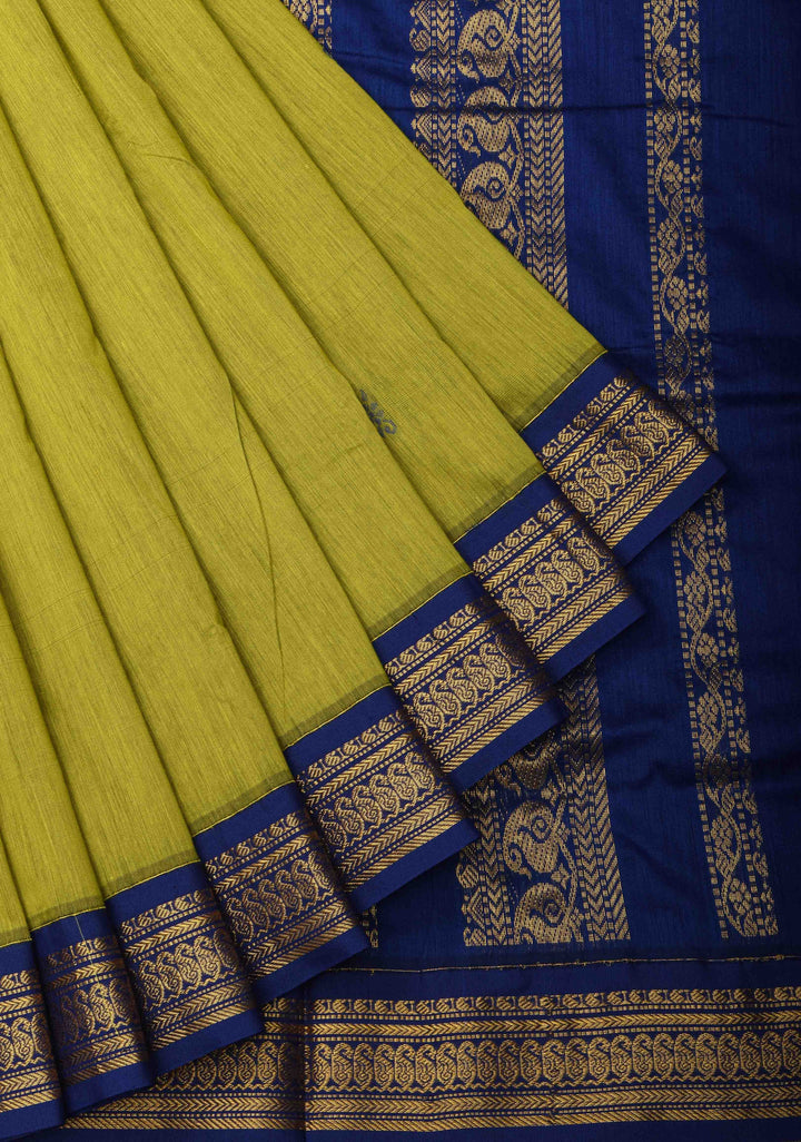 Moss Green Venkatagiri Cotton Silk Saree with Resham Buttas and Contrast Blue Zari Border