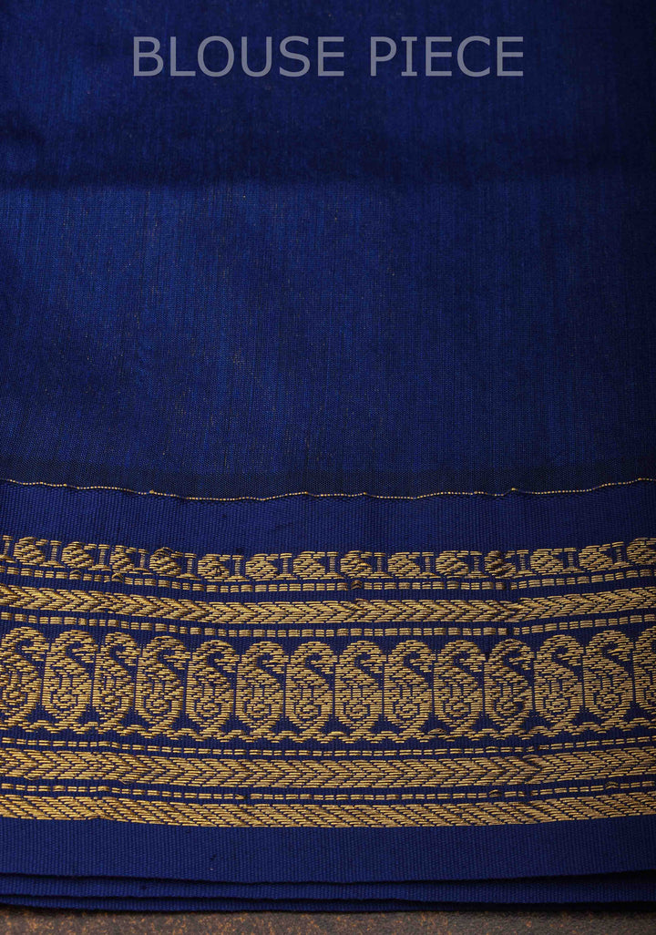 Moss Green Venkatagiri Cotton Silk Saree with Resham Buttas and Contrast Blue Zari Border