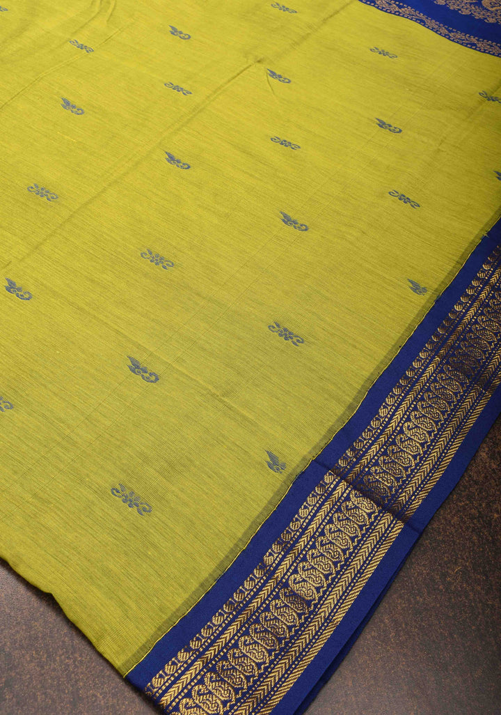 Moss Green Venkatagiri Cotton Silk Saree with Resham Buttas and Contrast Blue Zari Border