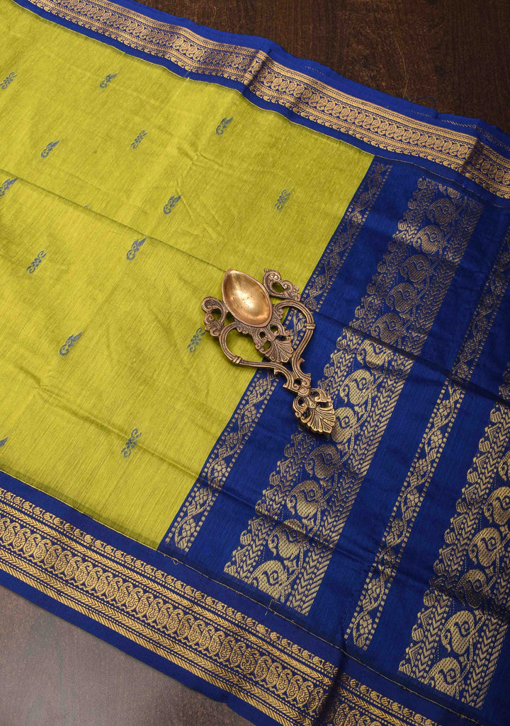 Moss Green Venkatagiri Cotton Silk Saree with Resham Buttas and Contrast Blue Zari Border