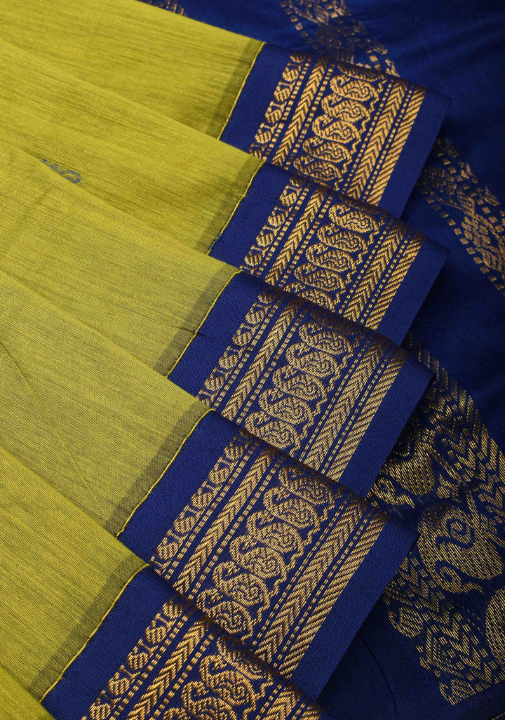 Moss Green Venkatagiri Cotton Silk Saree with Resham Buttas and Contrast Blue Zari Border