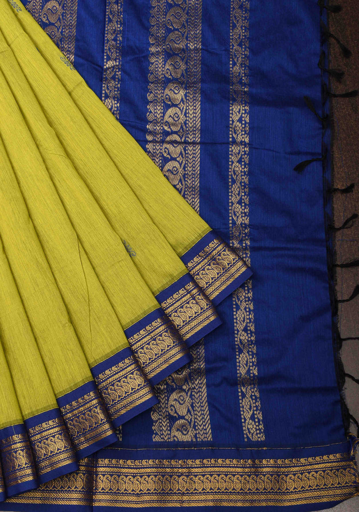 Moss Green Venkatagiri Cotton Silk Saree with Resham Buttas and Contrast Blue Zari Border