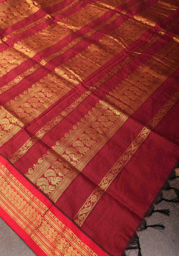 Black Cotton Silk Saree with Maroon Contrast Zari Border and Pallu