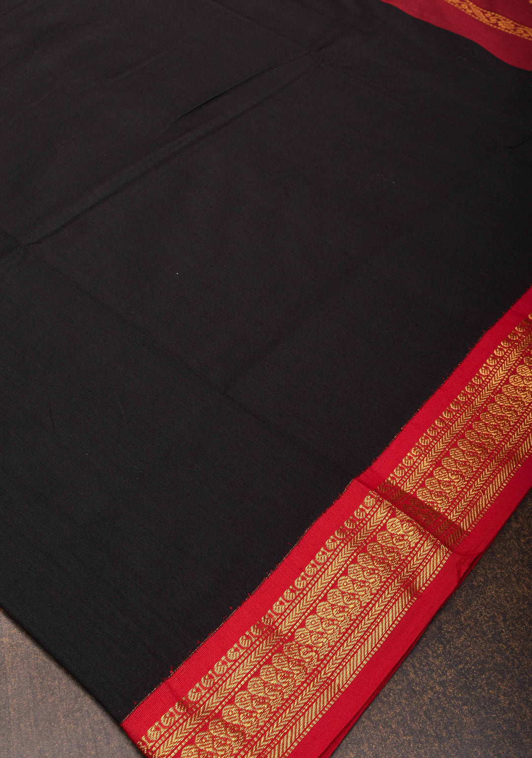 Black Cotton Silk Saree with Maroon Contrast Zari Border and Pallu