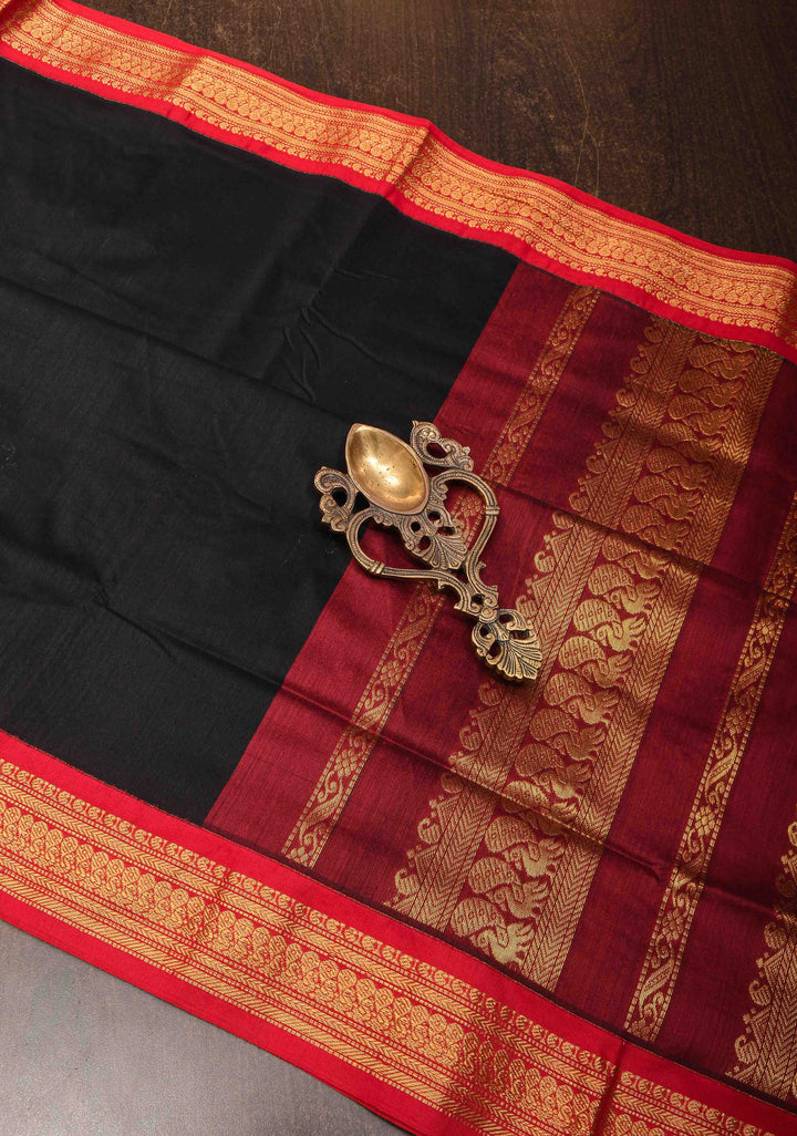 Black Cotton Silk Saree with Maroon Contrast Zari Border and Pallu