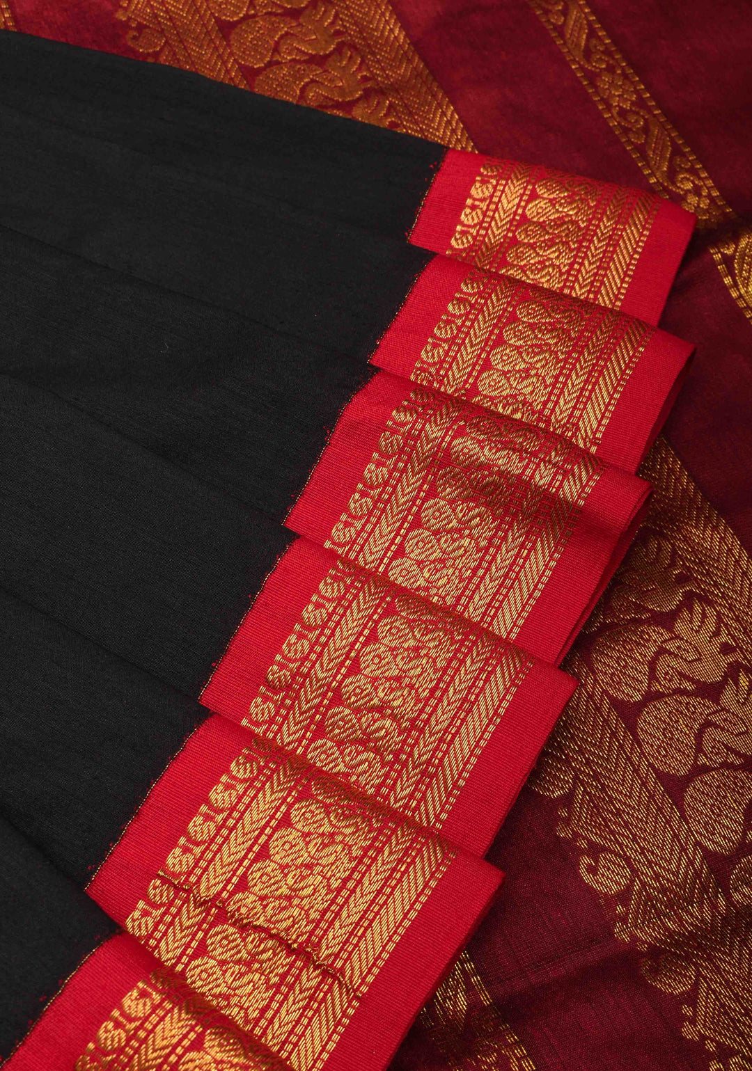 Black Cotton Silk Saree with Maroon Contrast Zari Border and Pallu