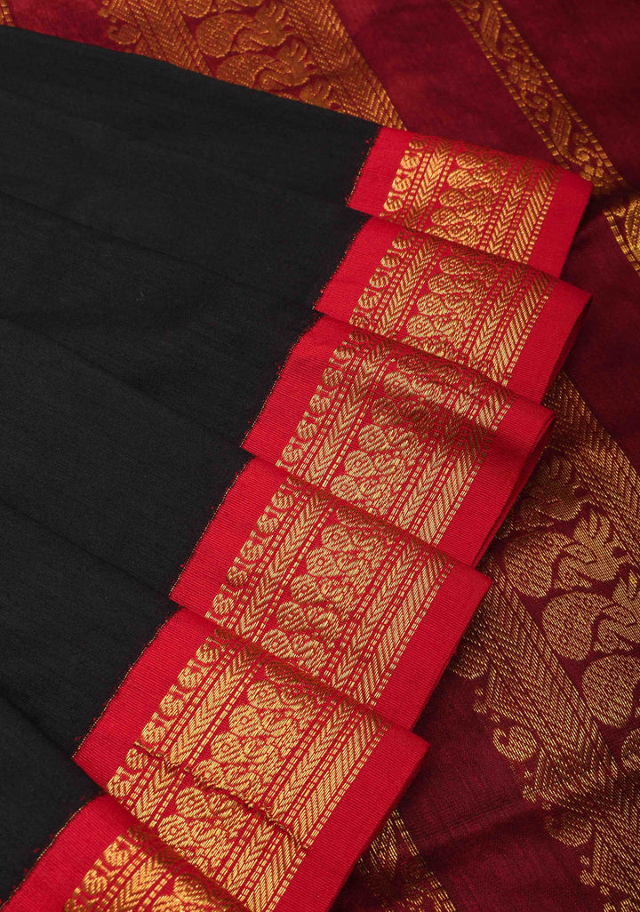Black Cotton Silk Saree with Maroon Contrast Zari Border and Pallu