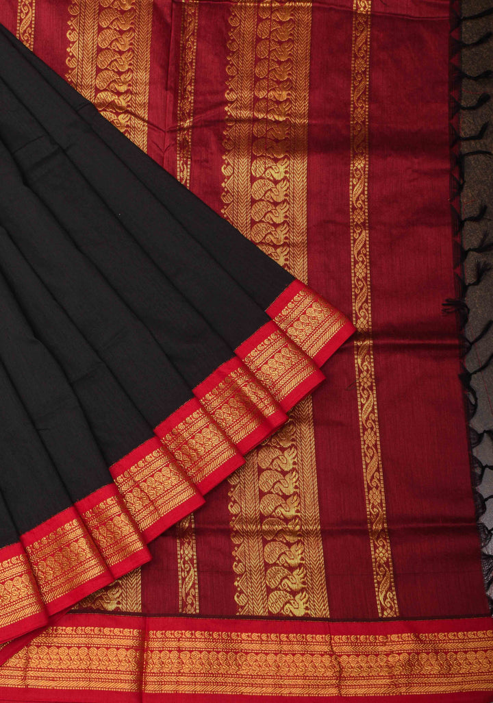Black Cotton Silk Saree with Maroon Contrast Zari Border and Pallu