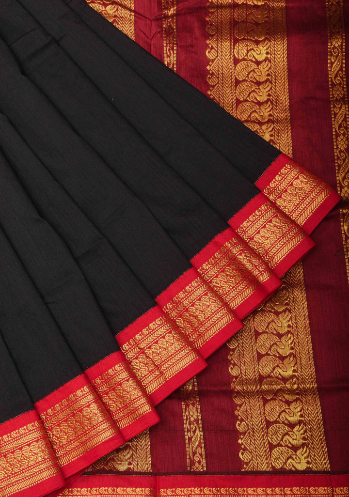 Black Cotton Silk Saree with Maroon Contrast Zari Border and Pallu
