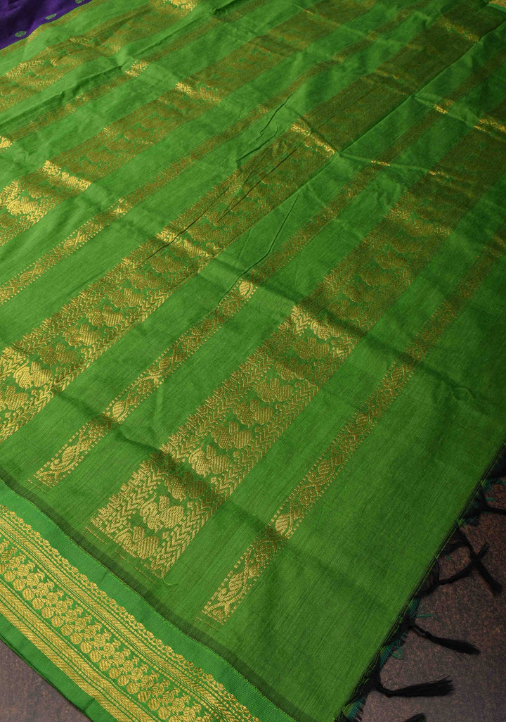 Navy Blue Cotton Silk Saree with Buttas and Contrast Green Borders
