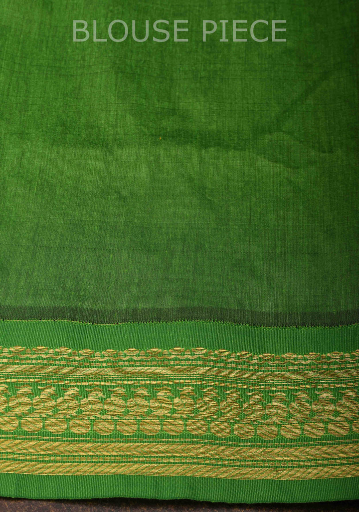 Navy Blue Cotton Silk Saree with Buttas and Contrast Green Borders