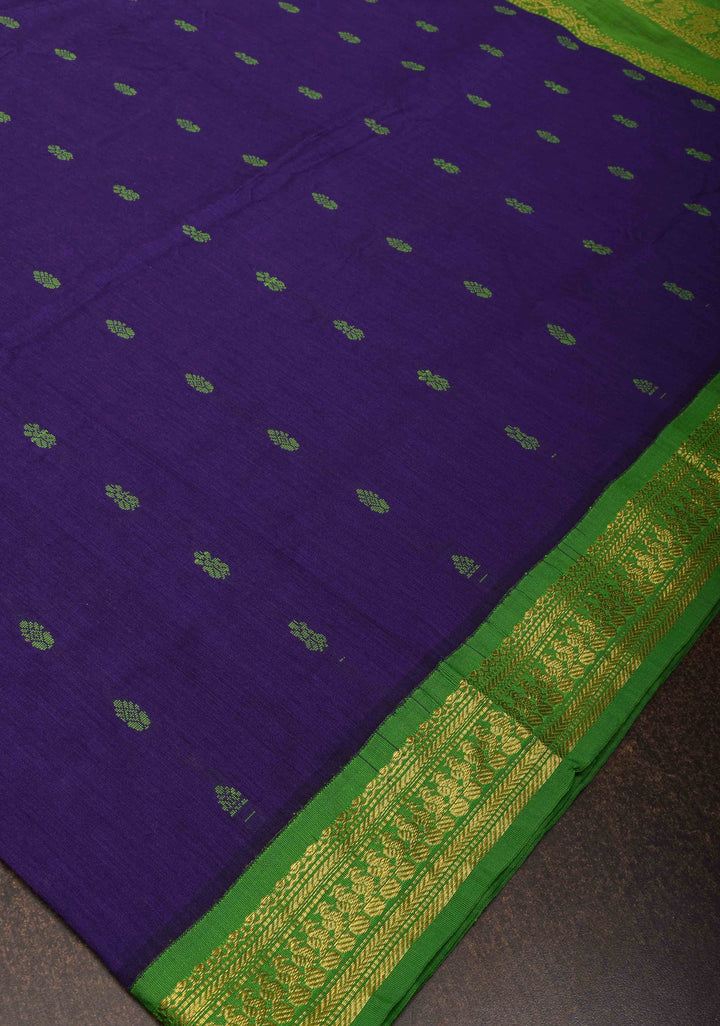 Navy Blue Cotton Silk Saree with Buttas and Contrast Green Borders