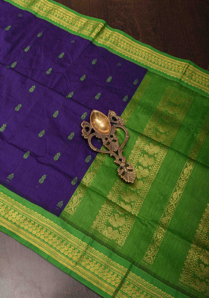 Navy Blue Cotton Silk Saree with Buttas and Contrast Green Borders