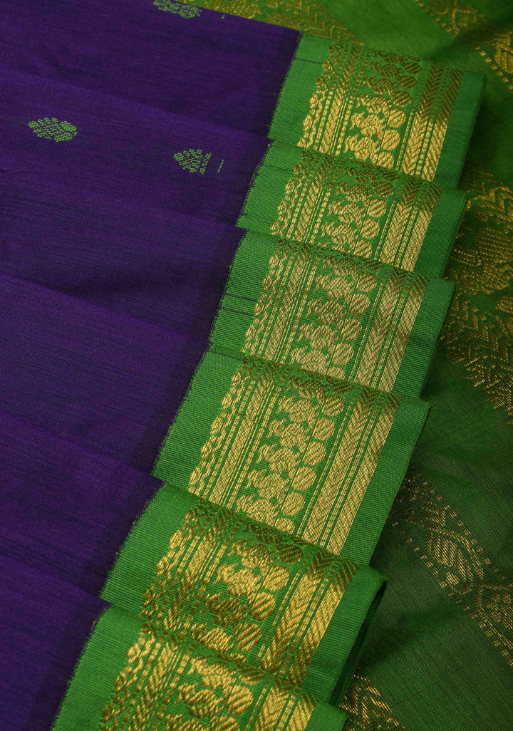 Navy Blue Cotton Silk Saree with Buttas and Contrast Green Borders