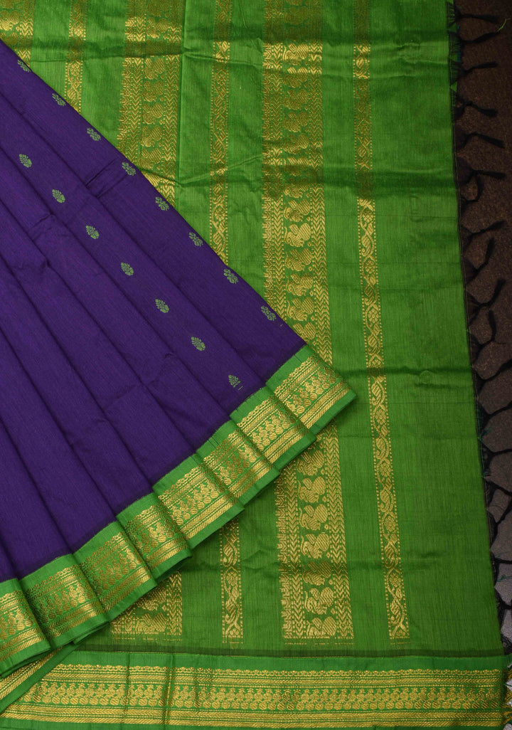 Navy Blue Cotton Silk Saree with Buttas and Contrast Green Borders