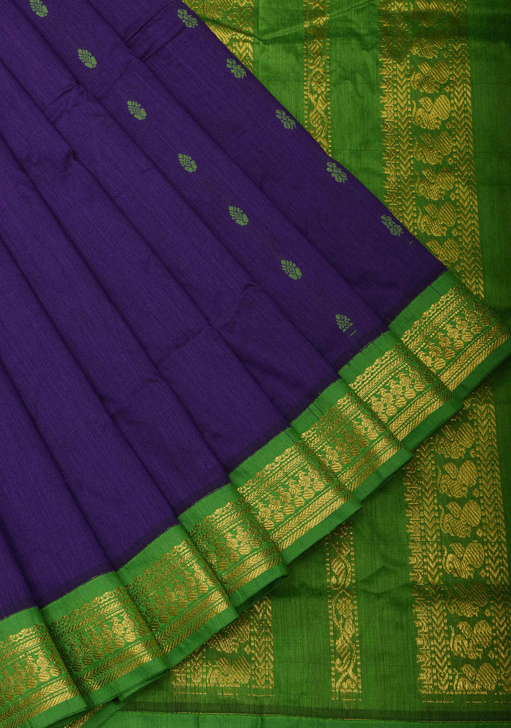 Navy Blue Cotton Silk Saree with Buttas and Contrast Green Borders
