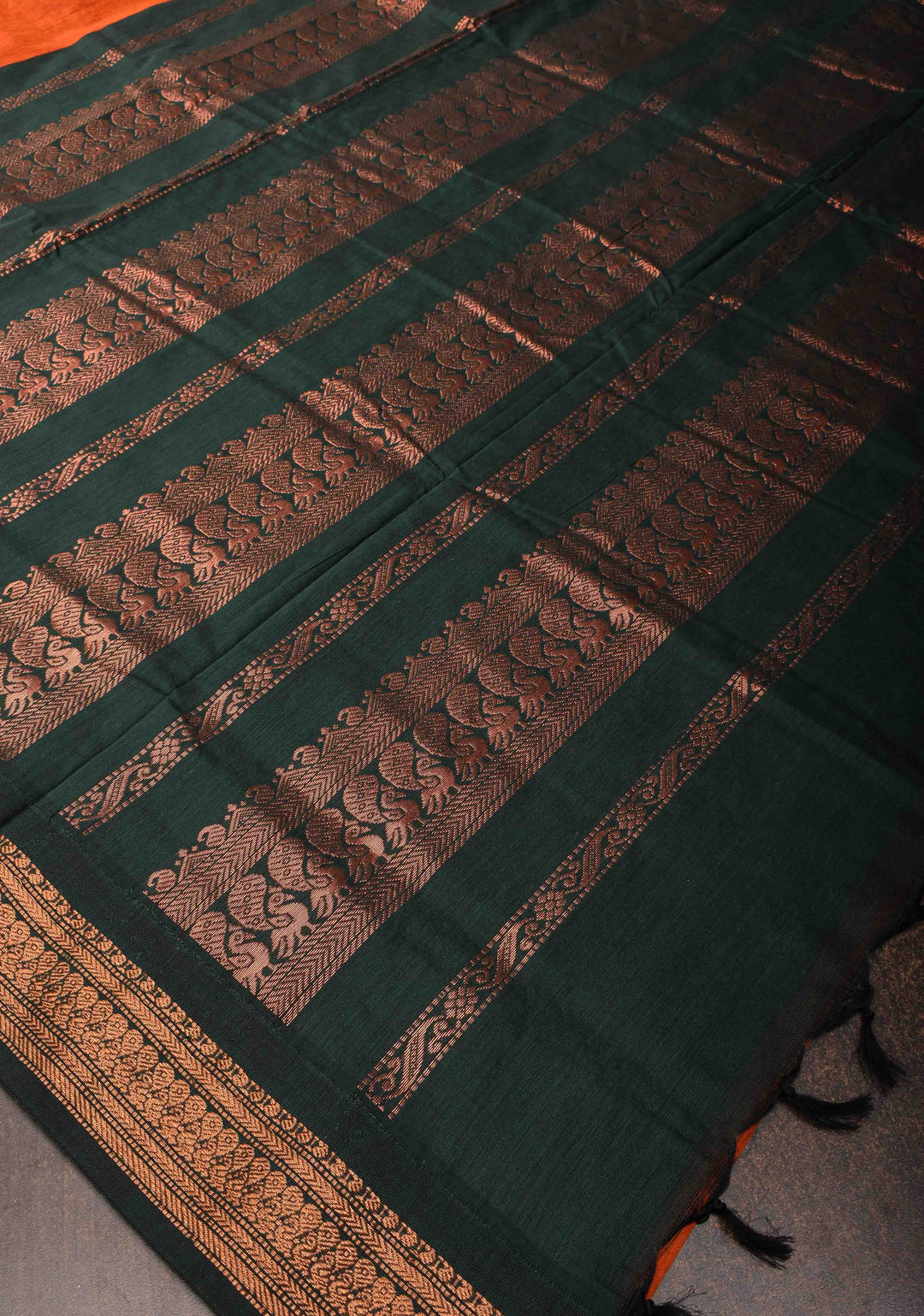 Orange Cotton Silk Saree with Green Contrast Borders and Pallu