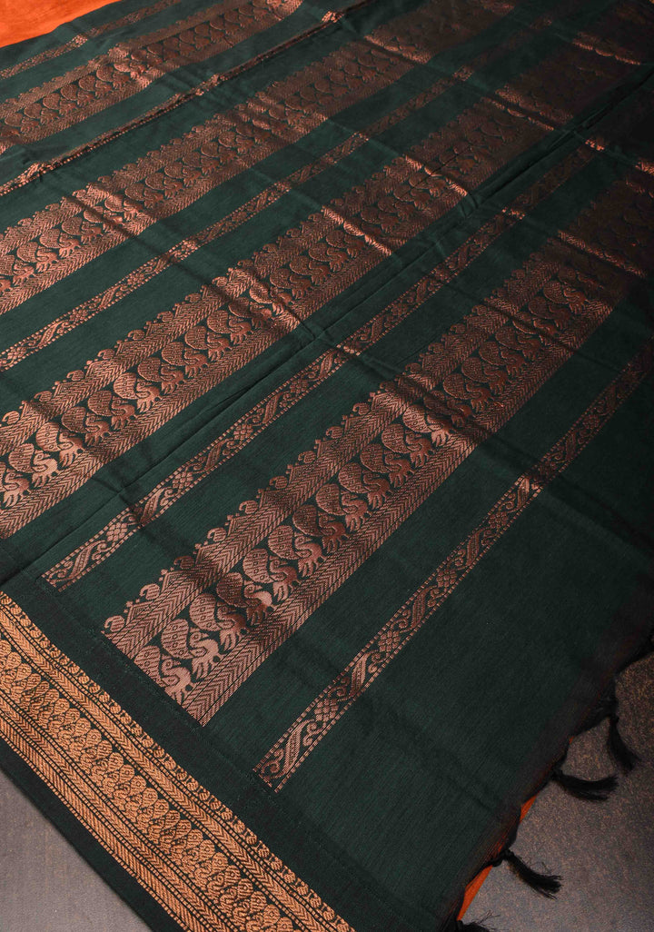 Orange Cotton Silk Saree with Green Contrast Borders and Pallu
