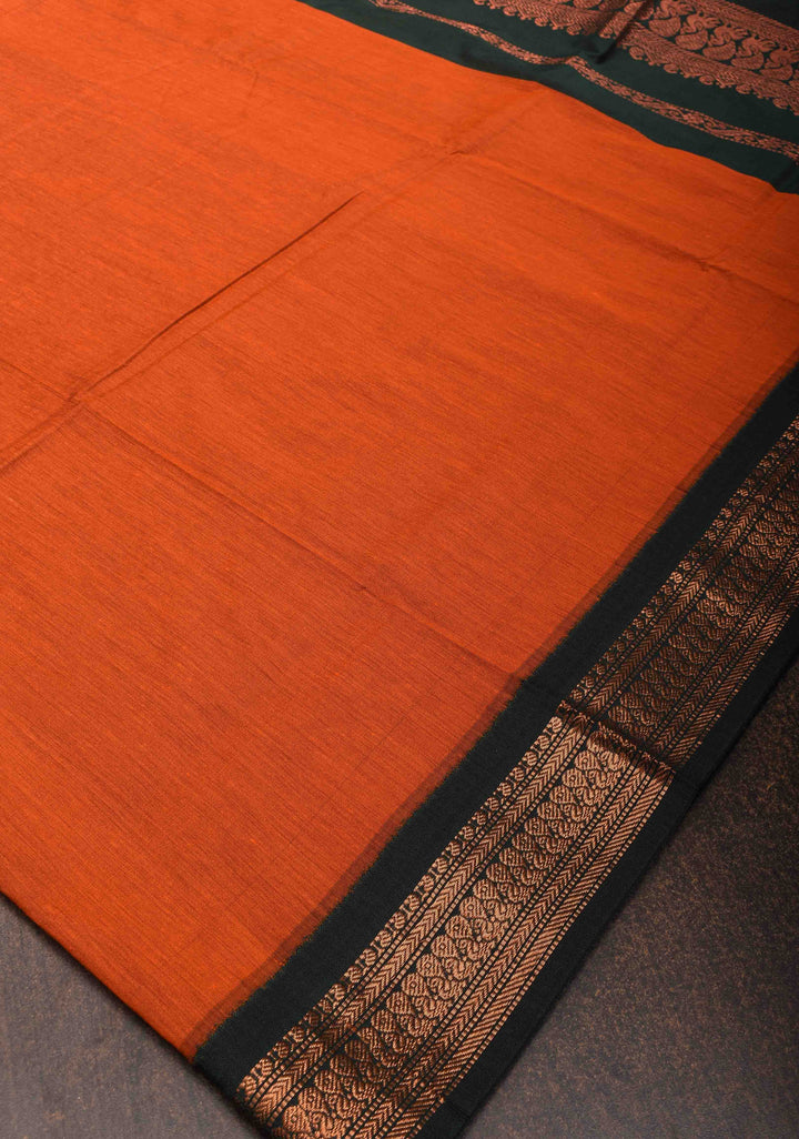 Orange Cotton Silk Saree with Green Contrast Borders and Pallu
