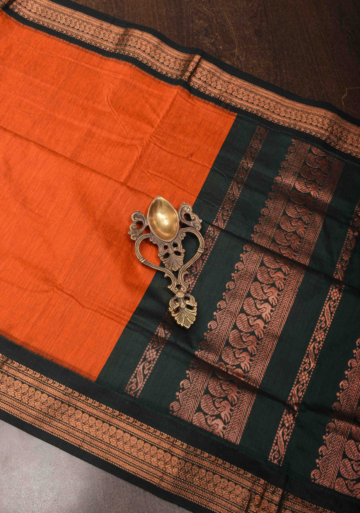Orange Cotton Silk Saree with Green Contrast Borders and Pallu