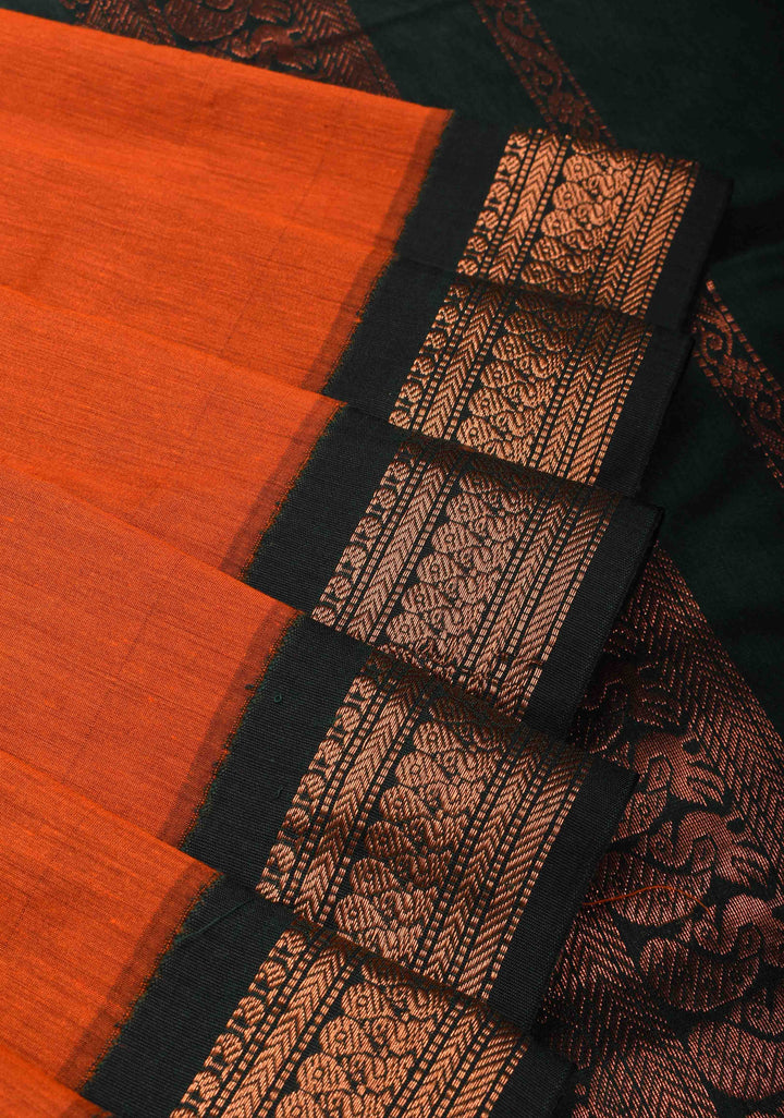 Orange Cotton Silk Saree with Green Contrast Borders and Pallu
