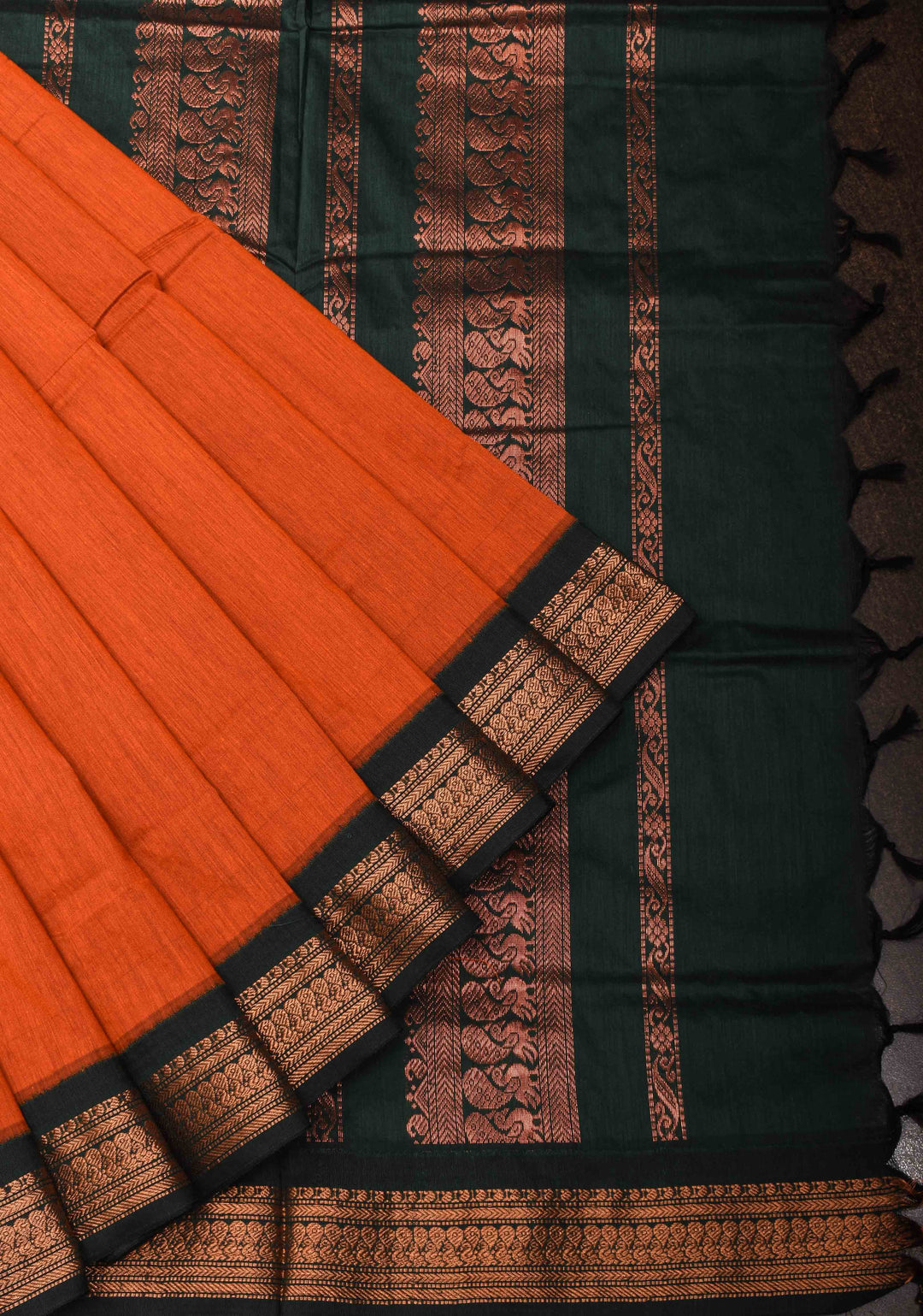 Orange Cotton Silk Saree with Green Contrast Borders and Pallu