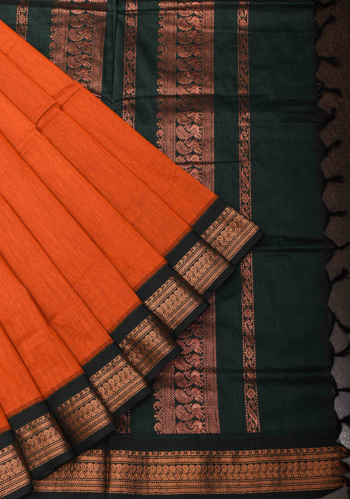 Orange Cotton Silk Saree with Green Contrast Borders and Pallu
