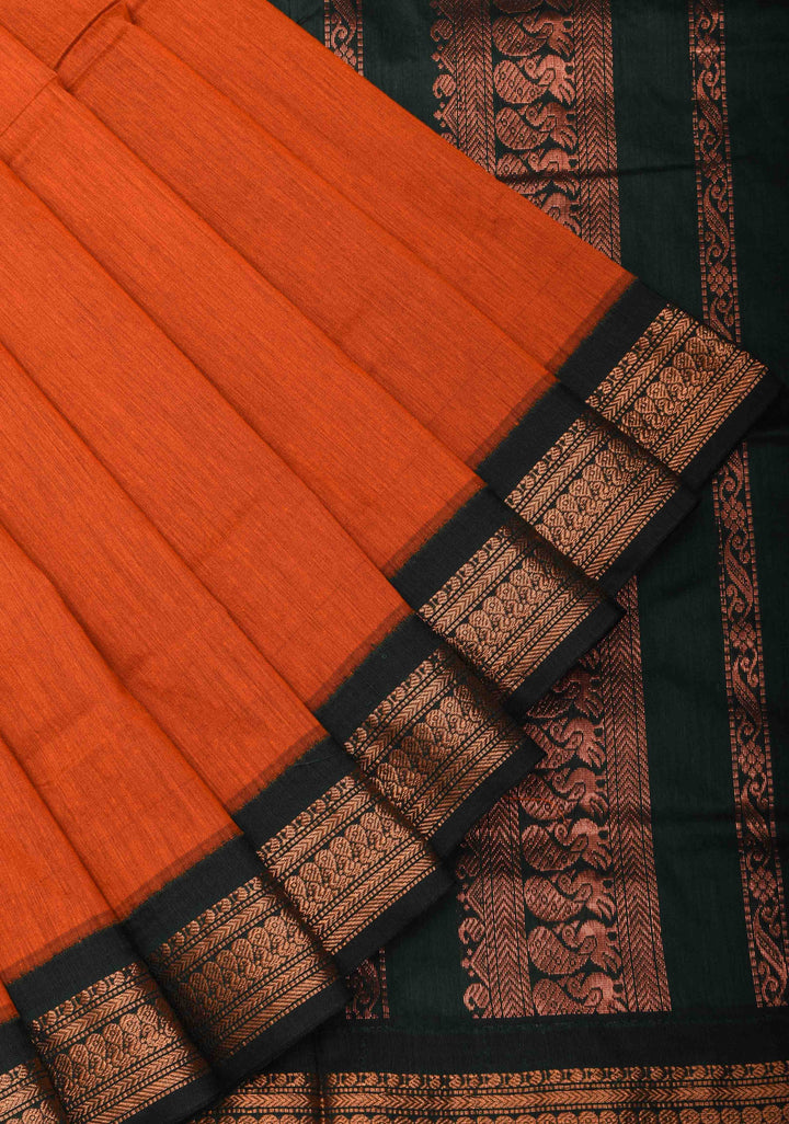 Orange Cotton Silk Saree with Green Contrast Borders and Pallu
