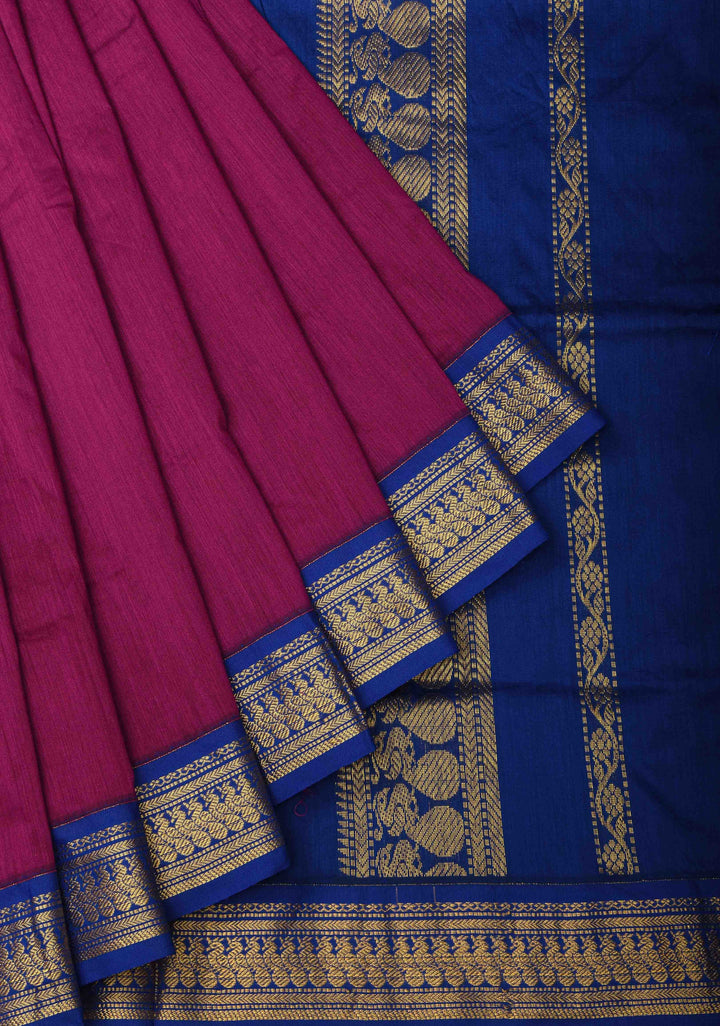Magenta Venkatagiri Cotton Silk Saree with Contrast Zari Border