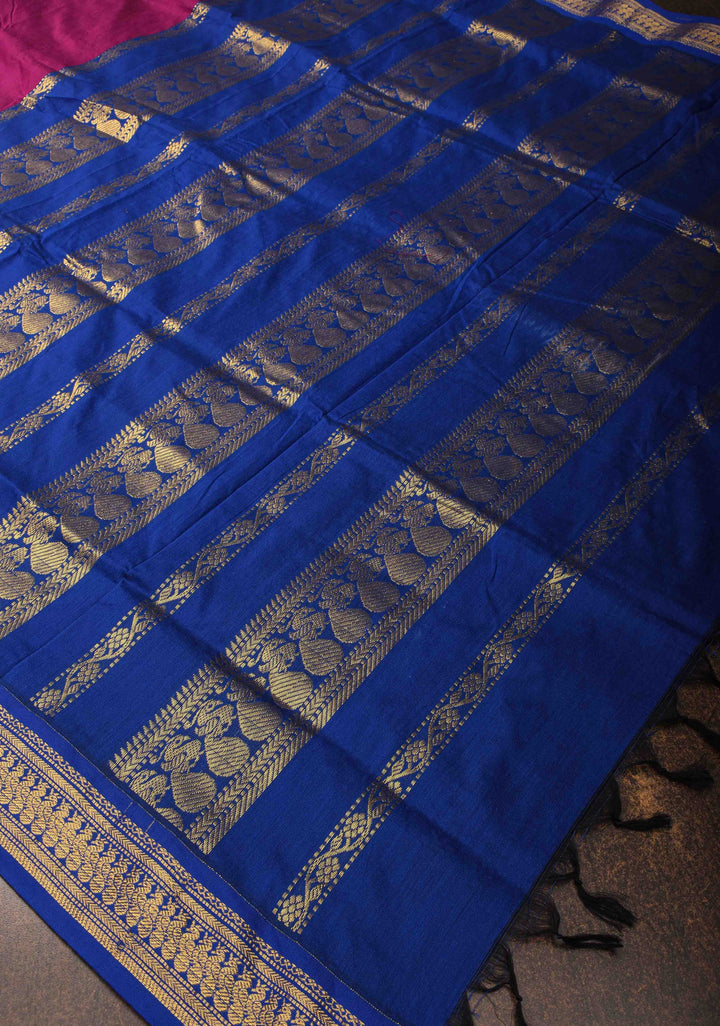 Magenta Venkatagiri Cotton Silk Saree with Contrast Zari Border