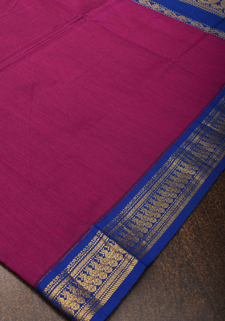 Magenta Venkatagiri Cotton Silk Saree with Contrast Zari Border