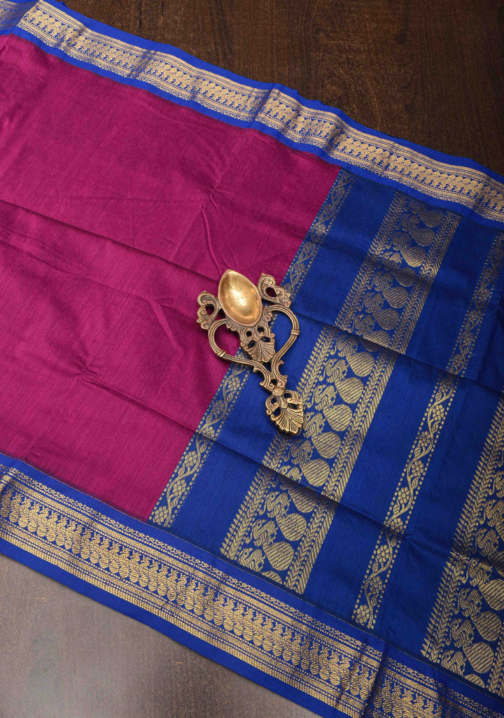 Magenta Venkatagiri Cotton Silk Saree with Contrast Zari Border
