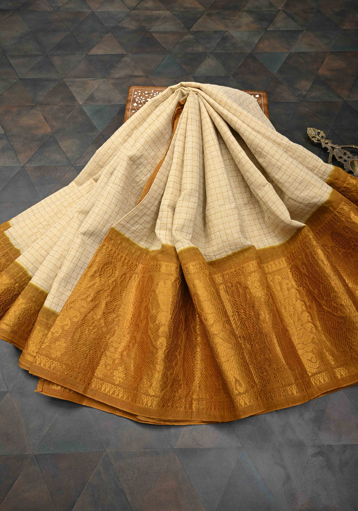 Off White Zari Checks Madurai Cotton Saree with Peacock Wide Contrast Zari border ,No Blouse Piece