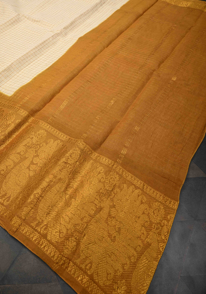 Off White Zari Checks Madurai Cotton Saree with Peacock Wide Contrast Zari border ,No Blouse Piece