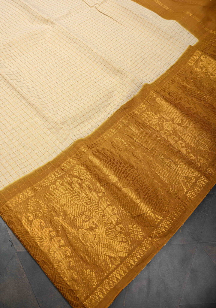 Off White Zari Checks Madurai Cotton Saree with Peacock Wide Contrast Zari border ,No Blouse Piece