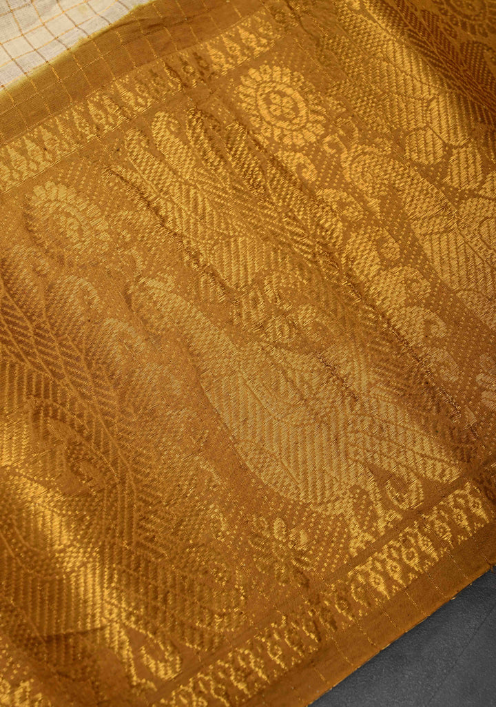 Off White Zari Checks Madurai Cotton Saree with Peacock Wide Contrast Zari border ,No Blouse Piece