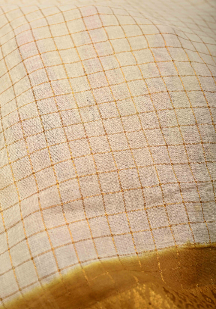 Off White Zari Checks Madurai Cotton Saree with Peacock Wide Contrast Zari border ,No Blouse Piece