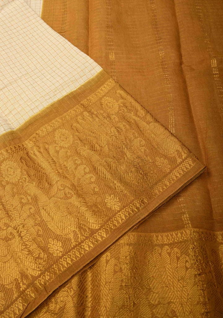 Off White Zari Checks Madurai Cotton Saree with Peacock Wide Contrast Zari border ,No Blouse Piece