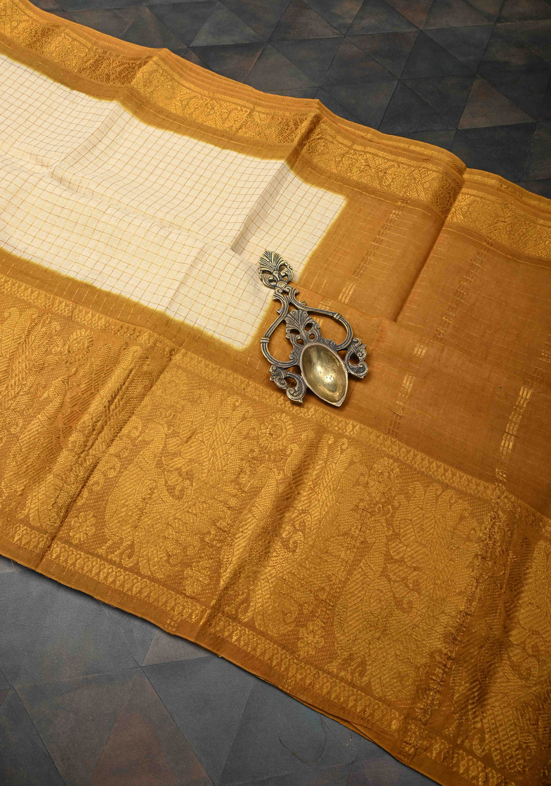 Off White Zari Checks Madurai Cotton Saree with Peacock Wide Contrast Zari border ,No Blouse Piece